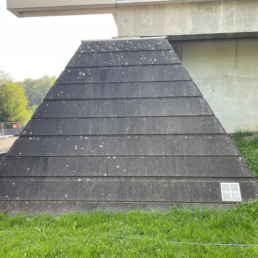 Infiltration d'humidité et développement de lichens sur un pilier de soubassement en béton du Mess à Bayonne avant pulvérisation.